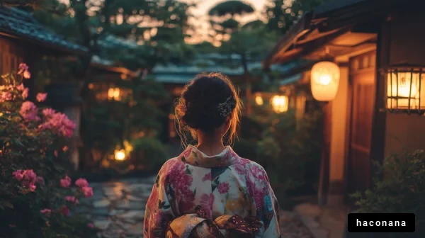 和風の夜景と女性
