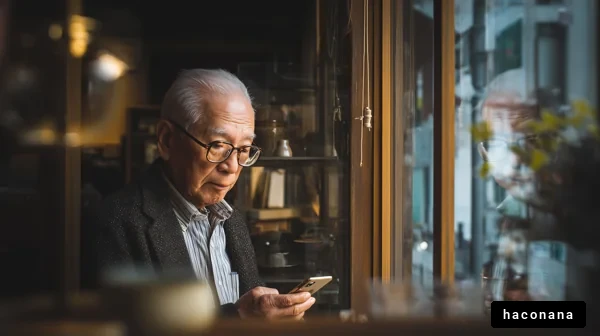 窓際でスマホを使う老人