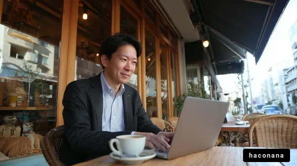 カフェで仕事をする男性
