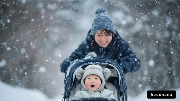 雪の中の親子の笑顔