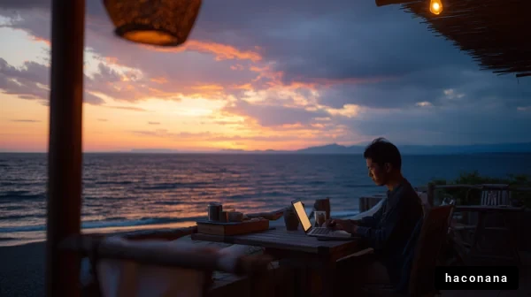 美しい夕焼けの海辺