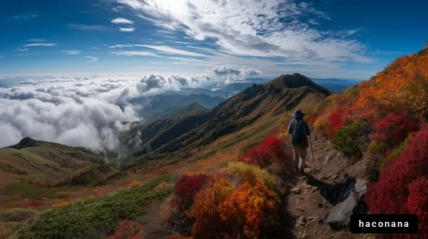 美しい秋の山道を歩く