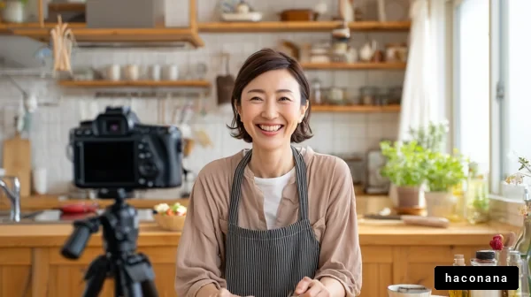 キッチンで笑顔の女性