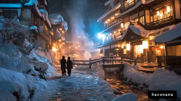 雪に覆われた温泉街の夜