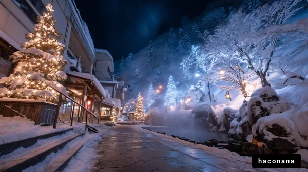 雪景色の温泉街の夜
