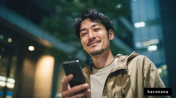 夜の街でスマホを持つ男性