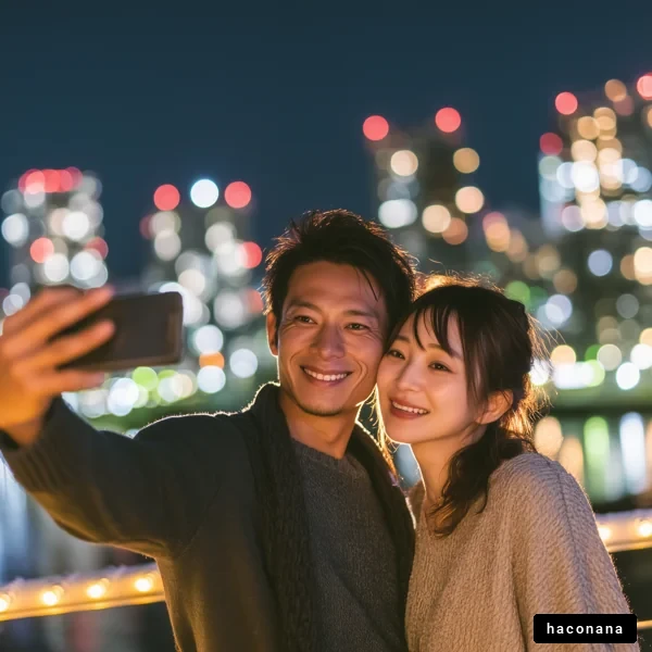 夜景でのカップルの笑顔