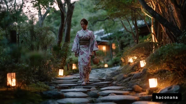 夜の庭を歩く着物姿