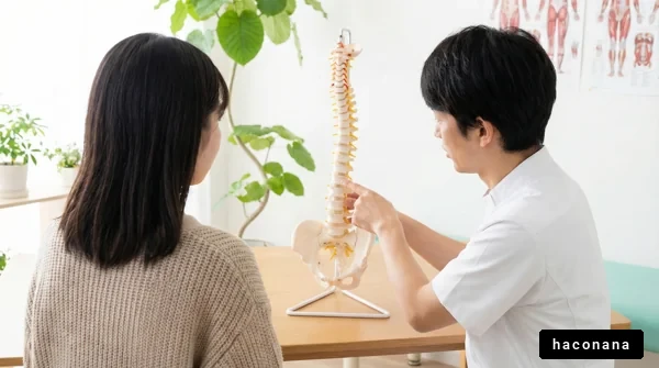 医師が脊椎模型を説明