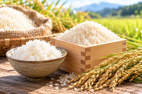 新米・白米と稲穂の秋の収穫