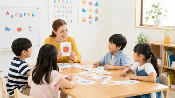 英語教室で子どもたちに教える先生