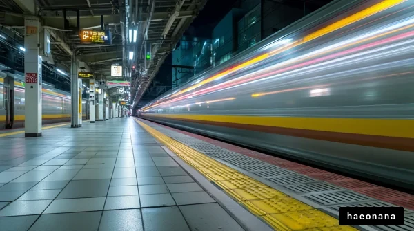 駅の夜景と電車の流れ