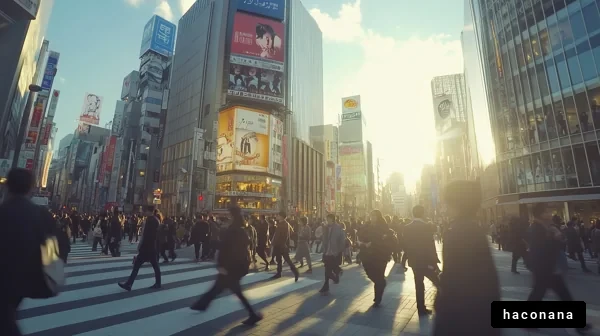 街中の人々と夕日