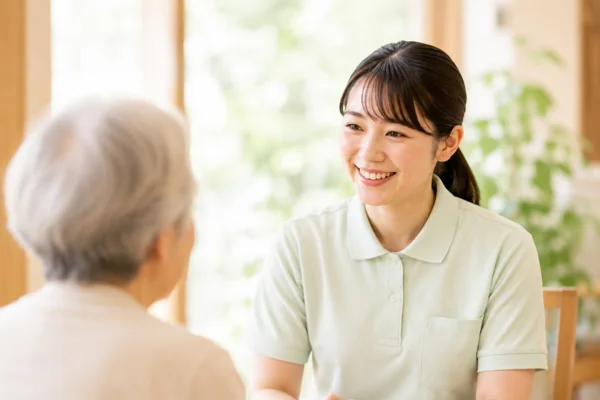 介護士と高齢者の笑顔の会話