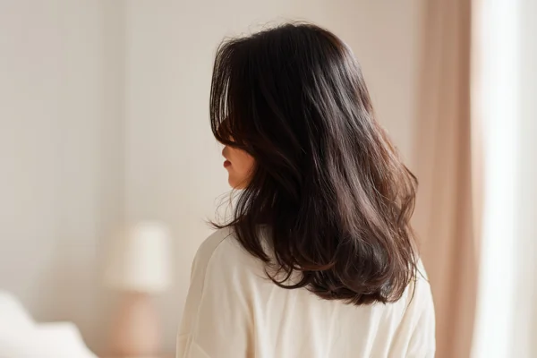 後ろ姿の女性と艶やかな黒髪
