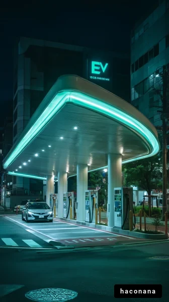 夜のEV充電ステーション