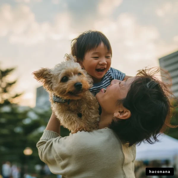 親子と犬の幸せな時間