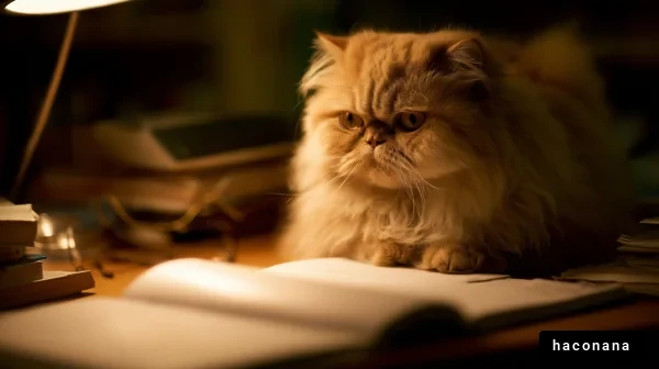 机の上の猫と本