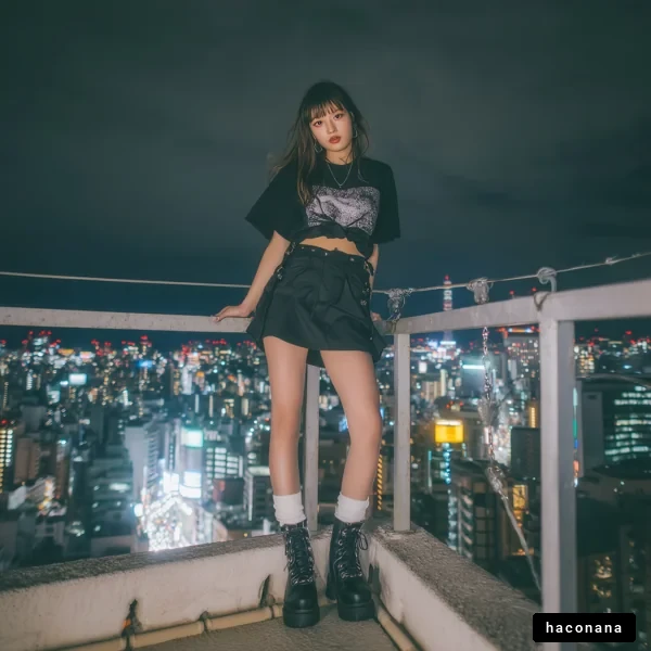 都会の夜景とモデルのポーズ
