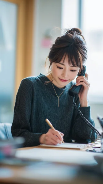 電話応対しながらメモを取る女性