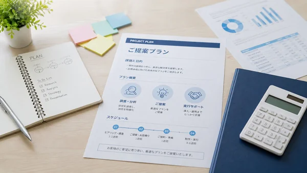 提案書と資料が並ぶビジネスデスク