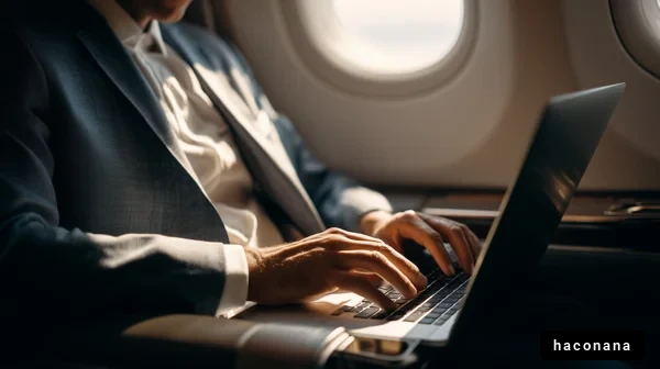 飛行機内で仕事をする男性
