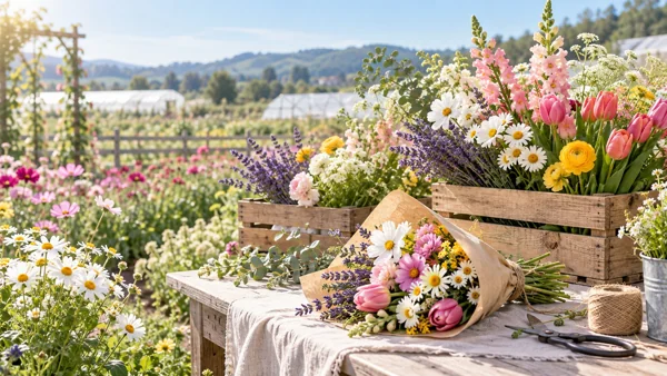 春の花畑と花束のある風景
