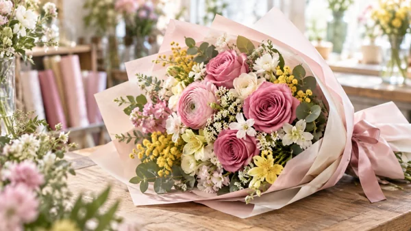 春の花束・ピンクバラとラナンキュラス