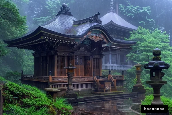 霧の中の寺院と自然