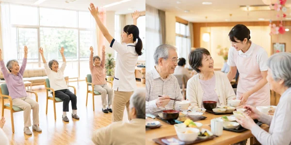 介護施設での体操と食事風景