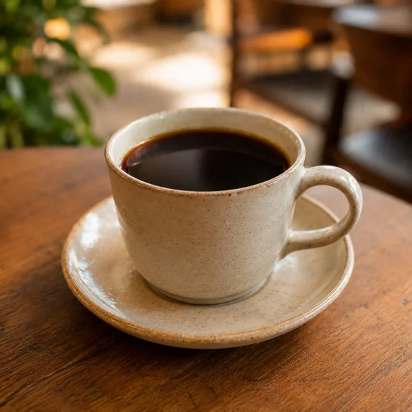 カフェのブラックコーヒーと陶器カップ