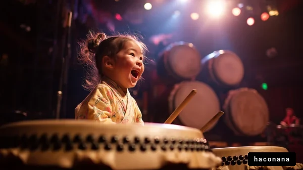 和太鼓を叩く子供の笑顔