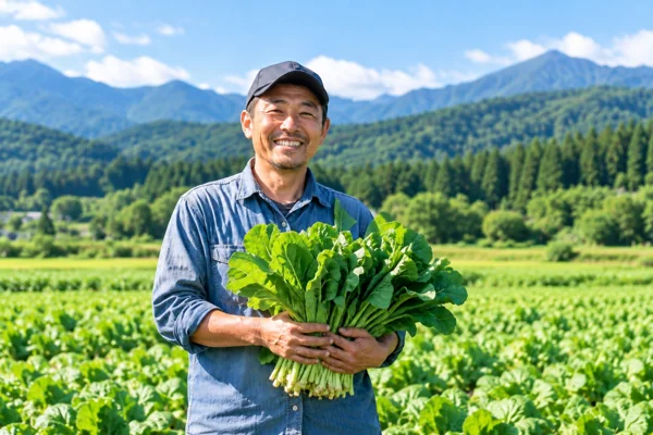農家の男性が野菜を収穫する笑顔