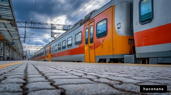 町の駅と電車の風景