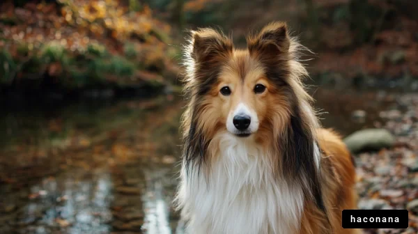 秋の川辺に佇む犬