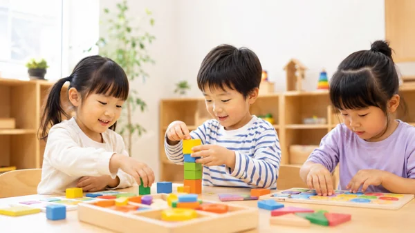 子どもたちが積み木で遊ぶ保育室
