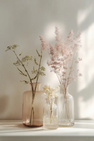 ガラス花瓶とドライフラワーの静物