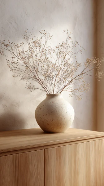 白い陶器の花瓶とドライフラワー