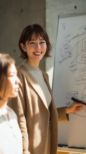 ホワイトボードで説明する女性