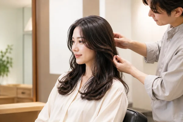 美容室でヘアセットをする女性