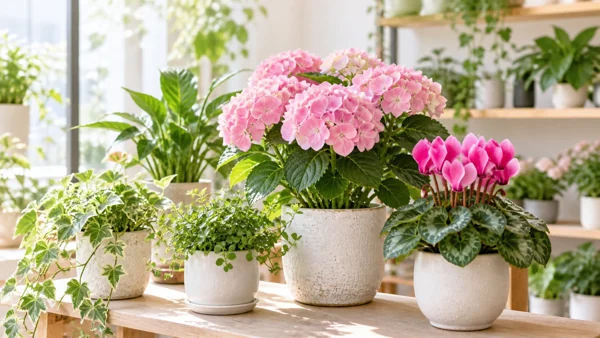 室内の鉢植え花と観葉植物