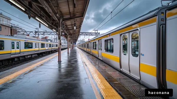 雨の日の駅と電車
