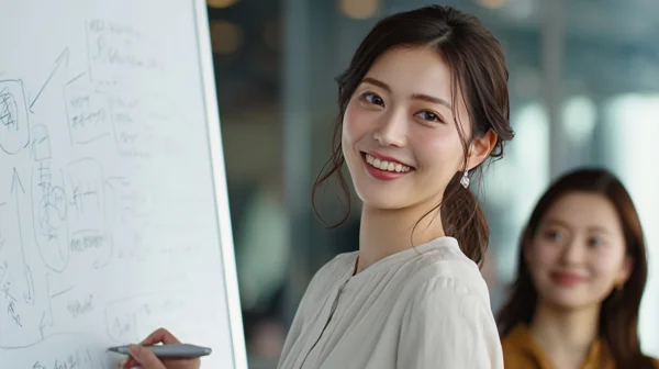 ホワイトボードで説明する女性社員