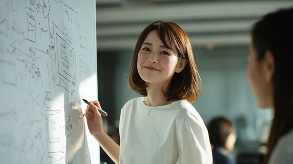 ホワイトボードで説明する女性社員