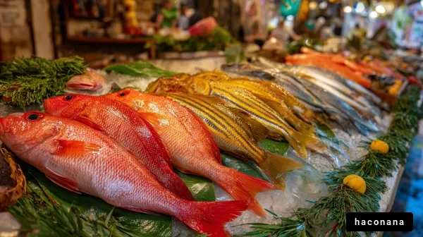 市場の新鮮な魚の並ぶ様子