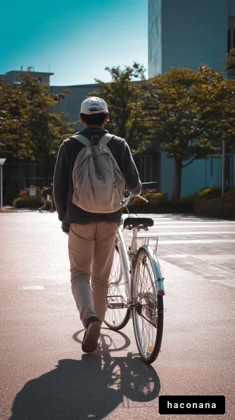 自転車と歩く若者