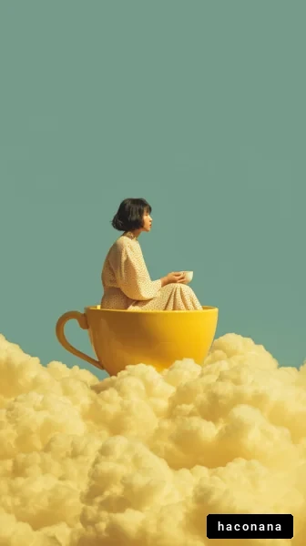 雲の上のカップに座る女性