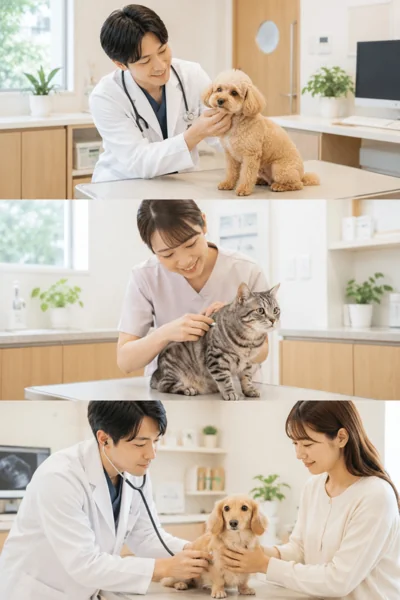 動物病院で診察する獣医師とペット