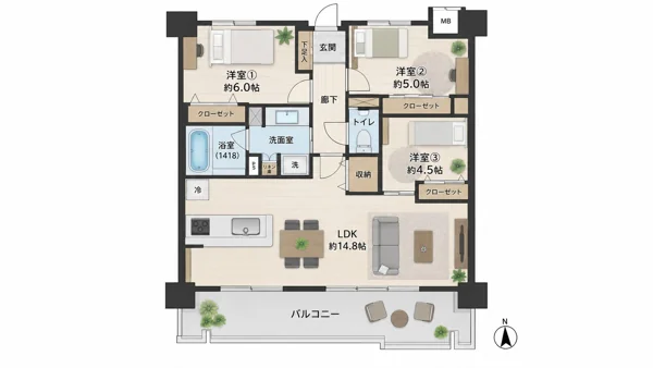 3LDKマンション間取り図イラスト
