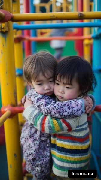 遊具での子供たちの抱擁